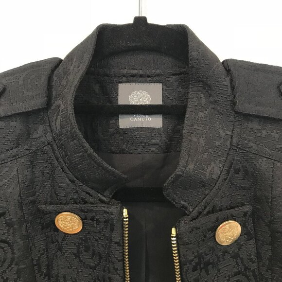 Black Jacquard Military Style Jacket Gold Button Zipper Vince Camuto Size M - Picture 4 of 13
